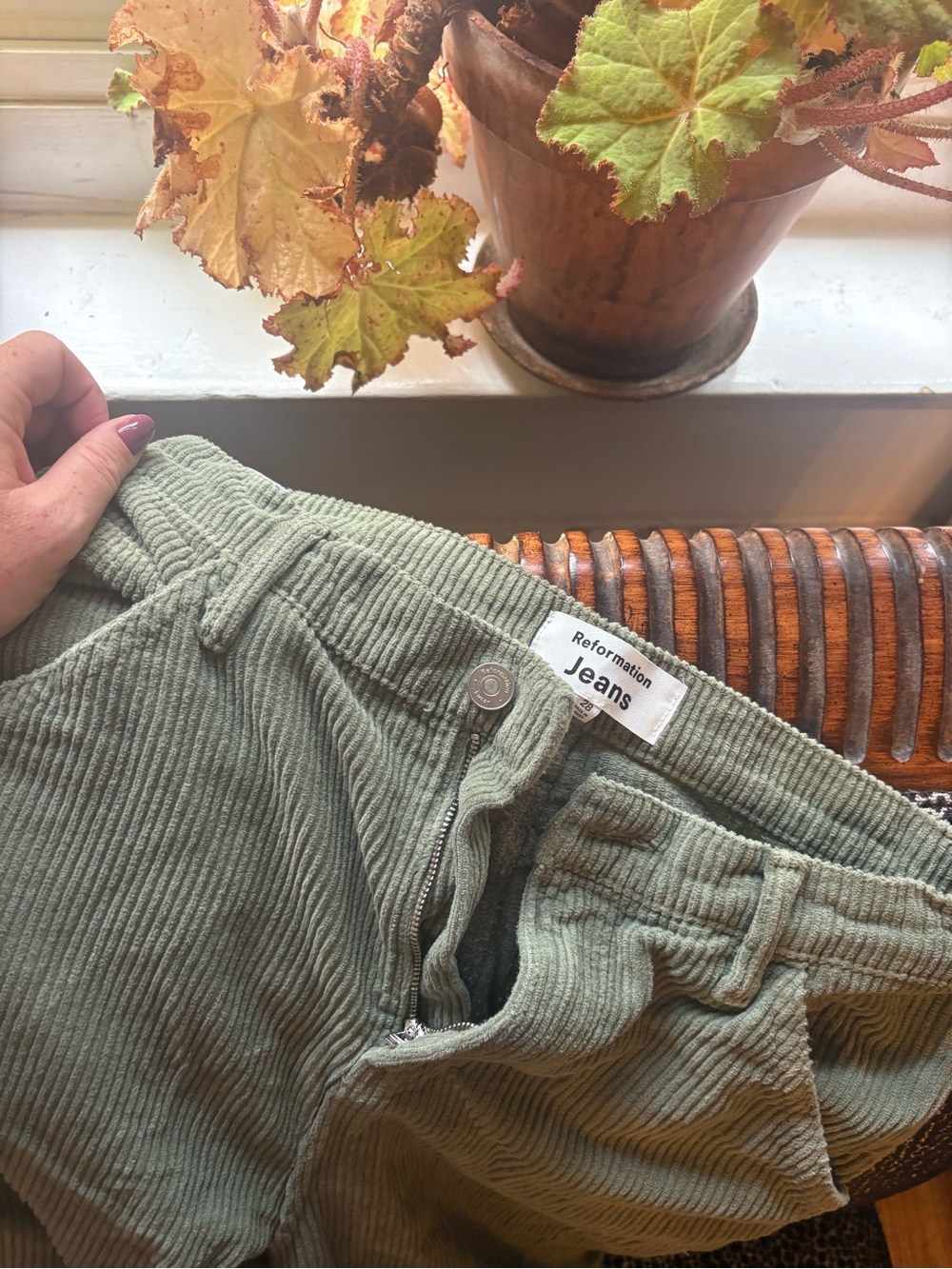 Reformation Sage Green Corduroy Flare Pants